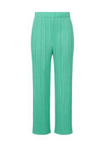 A product shot of the Pleats Please Issey Miyake MONTHLY COLORS MAY trousers in turquoise green (66), recurring_style.
