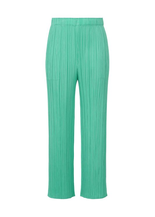 A product shot of the Pleats Please Issey Miyake MONTHLY COLORS MAY trousers in turquoise green (66), recurring_style.