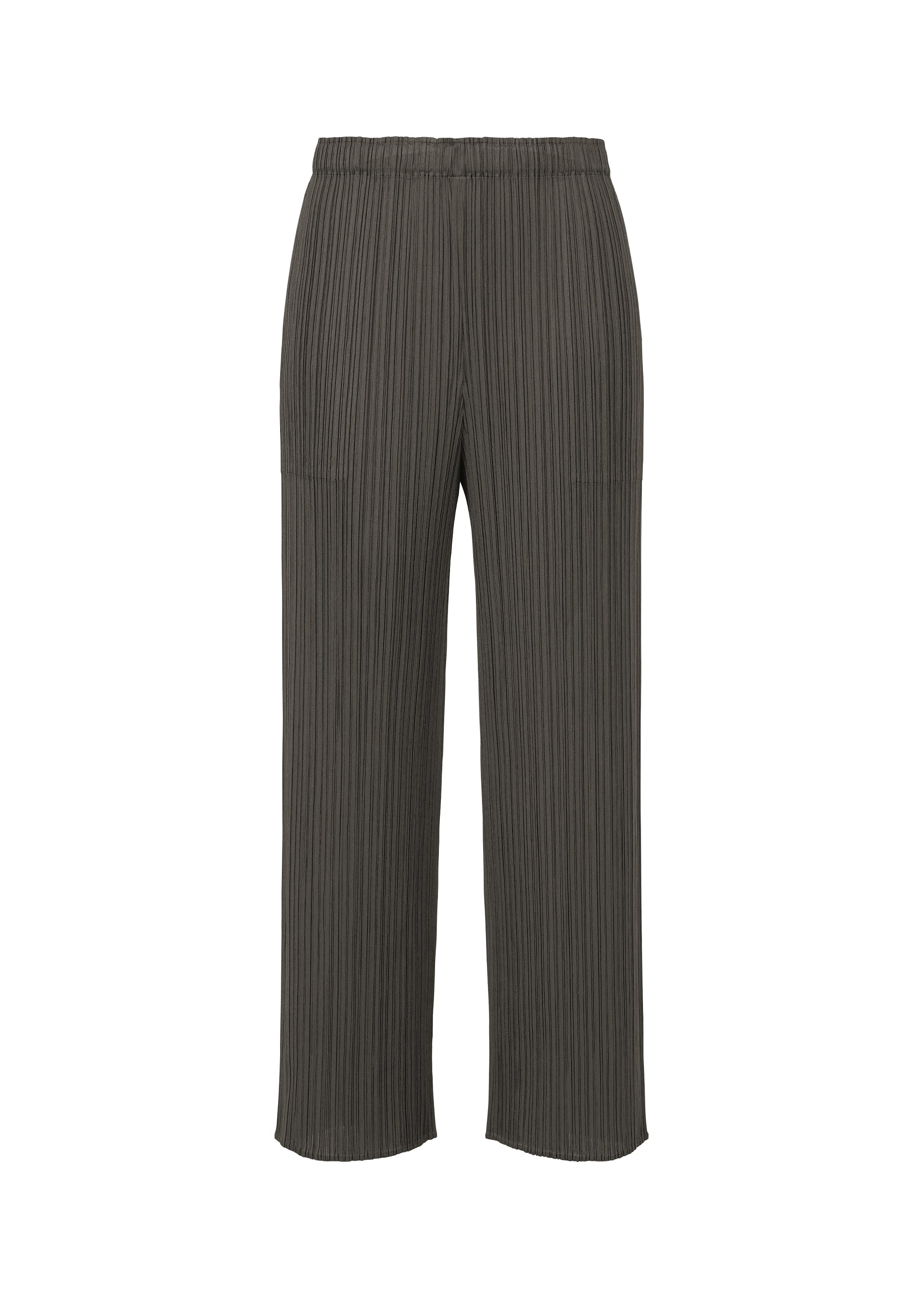 A product shot of the PLEATS PLEASE ISSEY MIYAKE MONTHLY COLORS : JUNE trousers in charcoal.