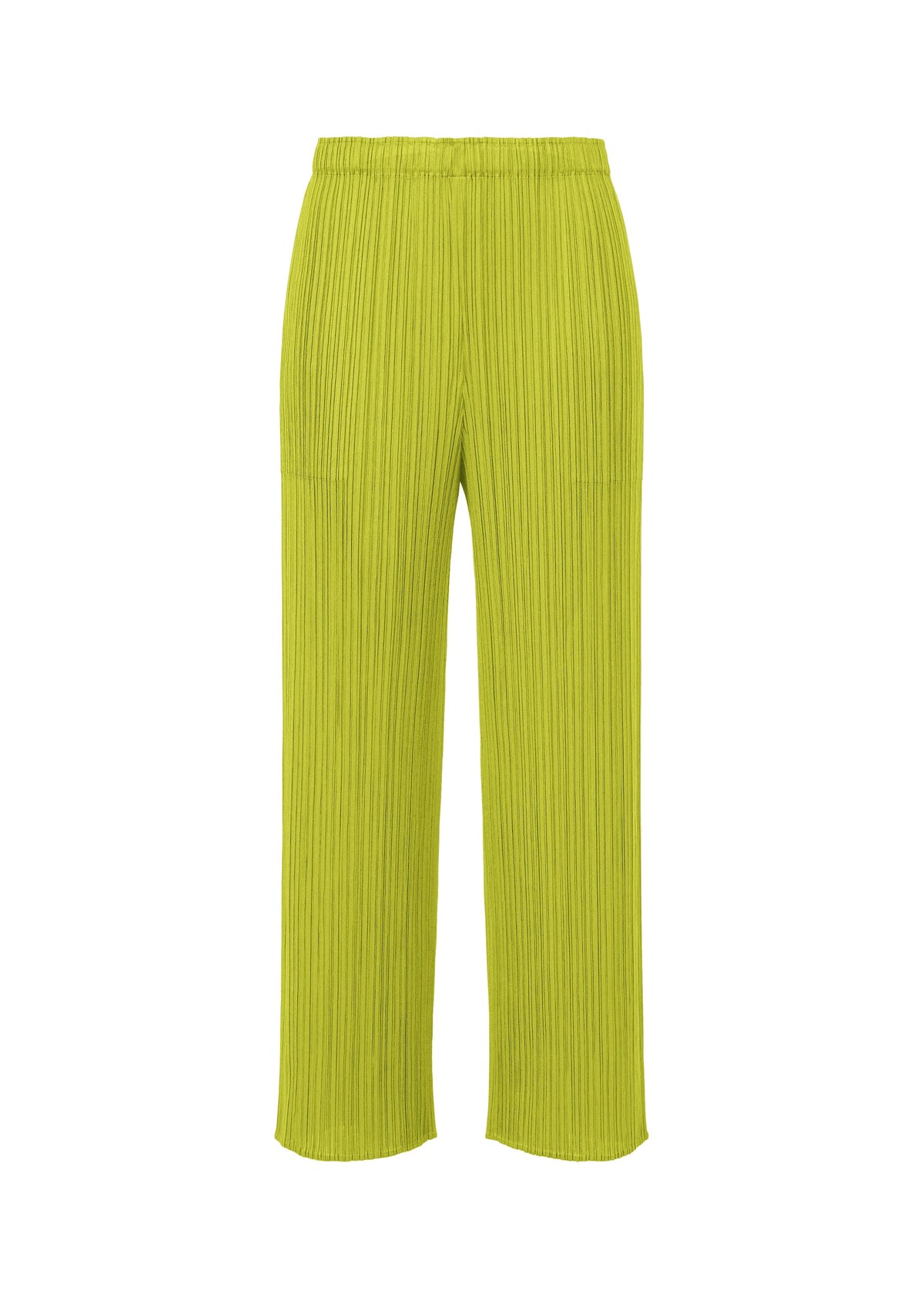 A product shot of the PLEATS PLEASE ISSEY MIYAKE MONTHLY COLORS : JUNE trousers in yellow green.