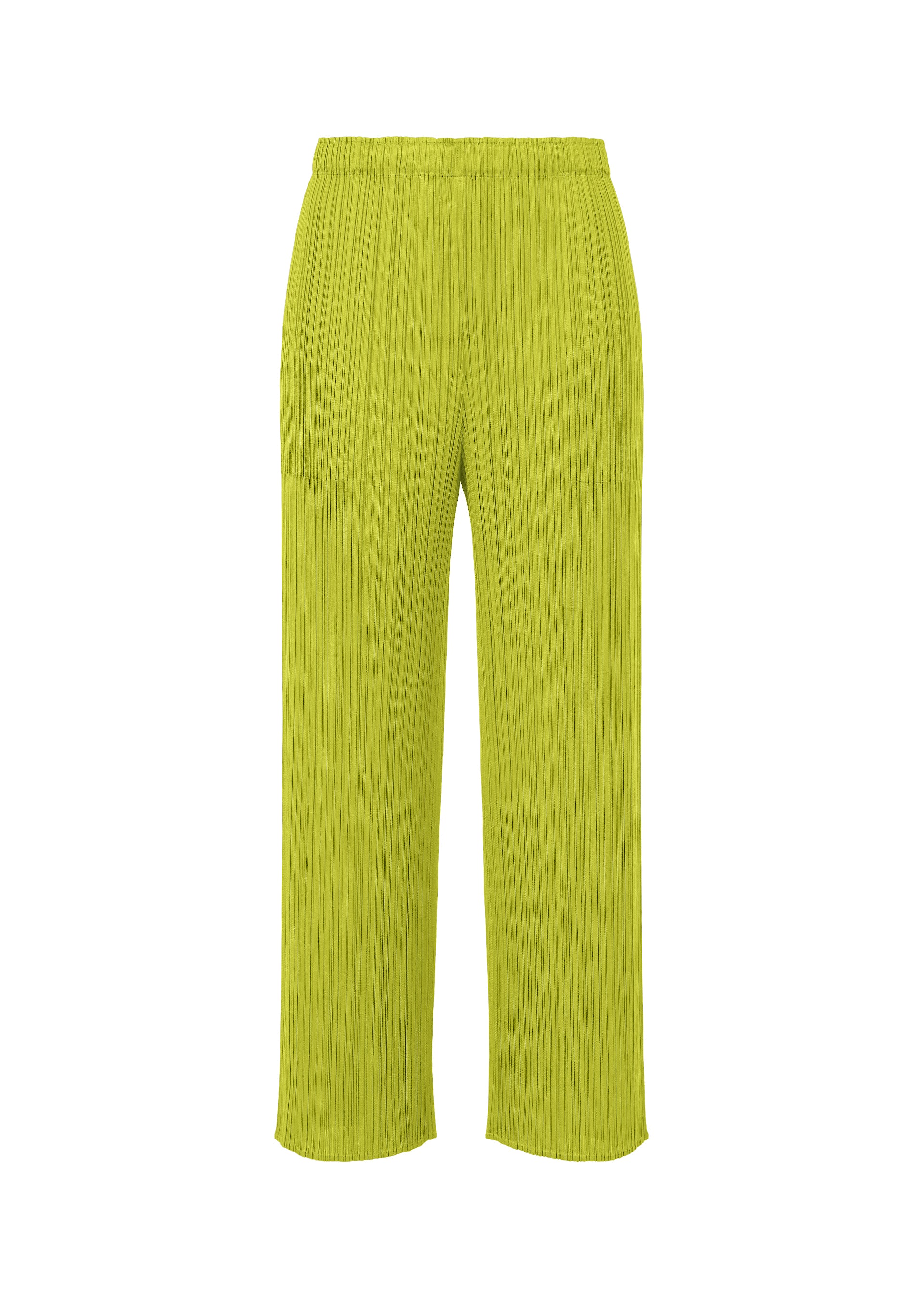 A product shot of the PLEATS PLEASE ISSEY MIYAKE MONTHLY COLORS : JUNE trousers in yellow green.