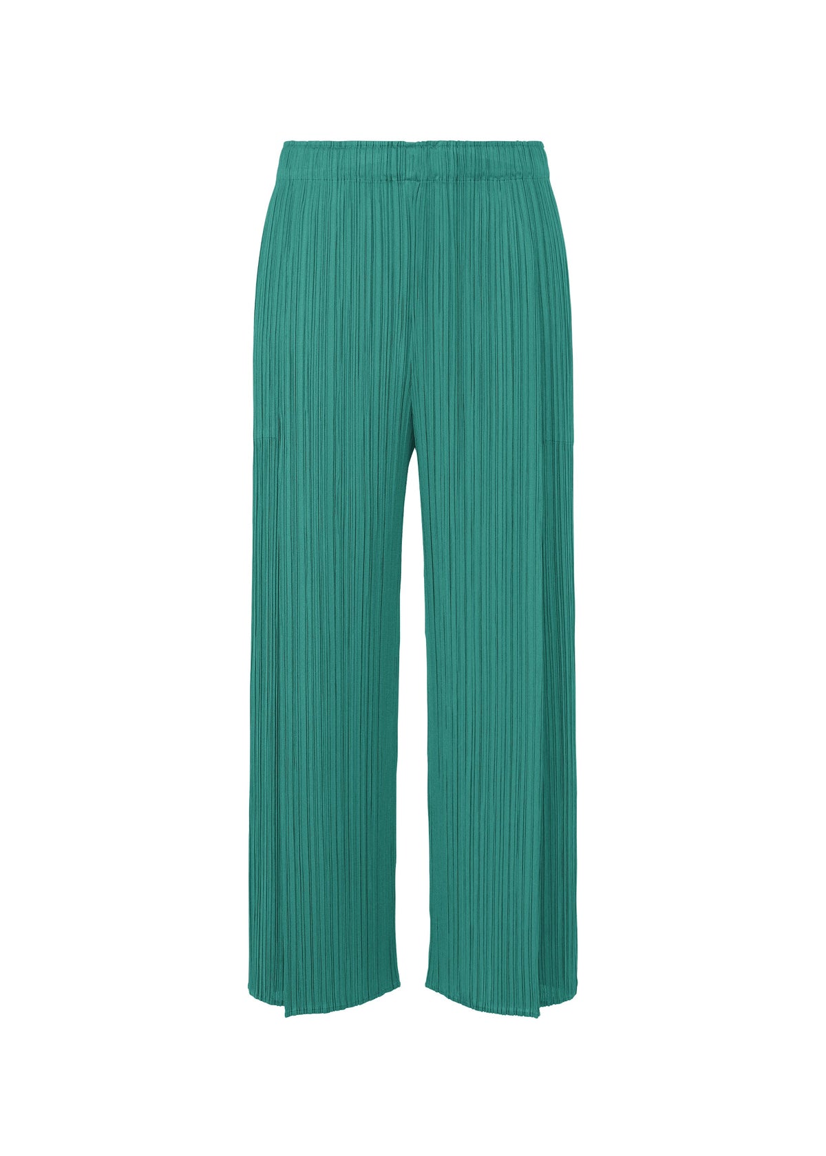 A product shot of the PLEATS PLEASE ISSEY MIYAKE MONTHLY COLORS : JUNE trousers in blue green.