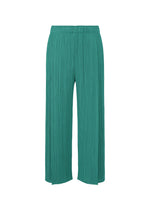 A product shot of the PLEATS PLEASE ISSEY MIYAKE MONTHLY COLORS : JUNE trousers in blue green.
