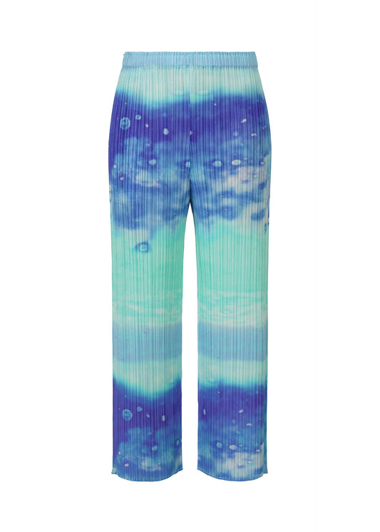 A product shot of the Pleats Please Issey Miyake SEA BUBBLE trousers in blue (72), recurring_style.