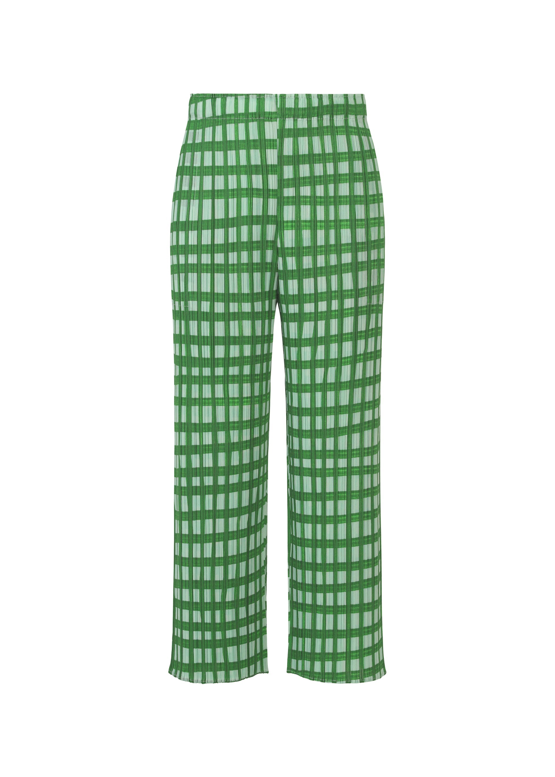 A product shot of the PLEATS PLEASE ISSEY MIYAKE BASKET trousers in green.
