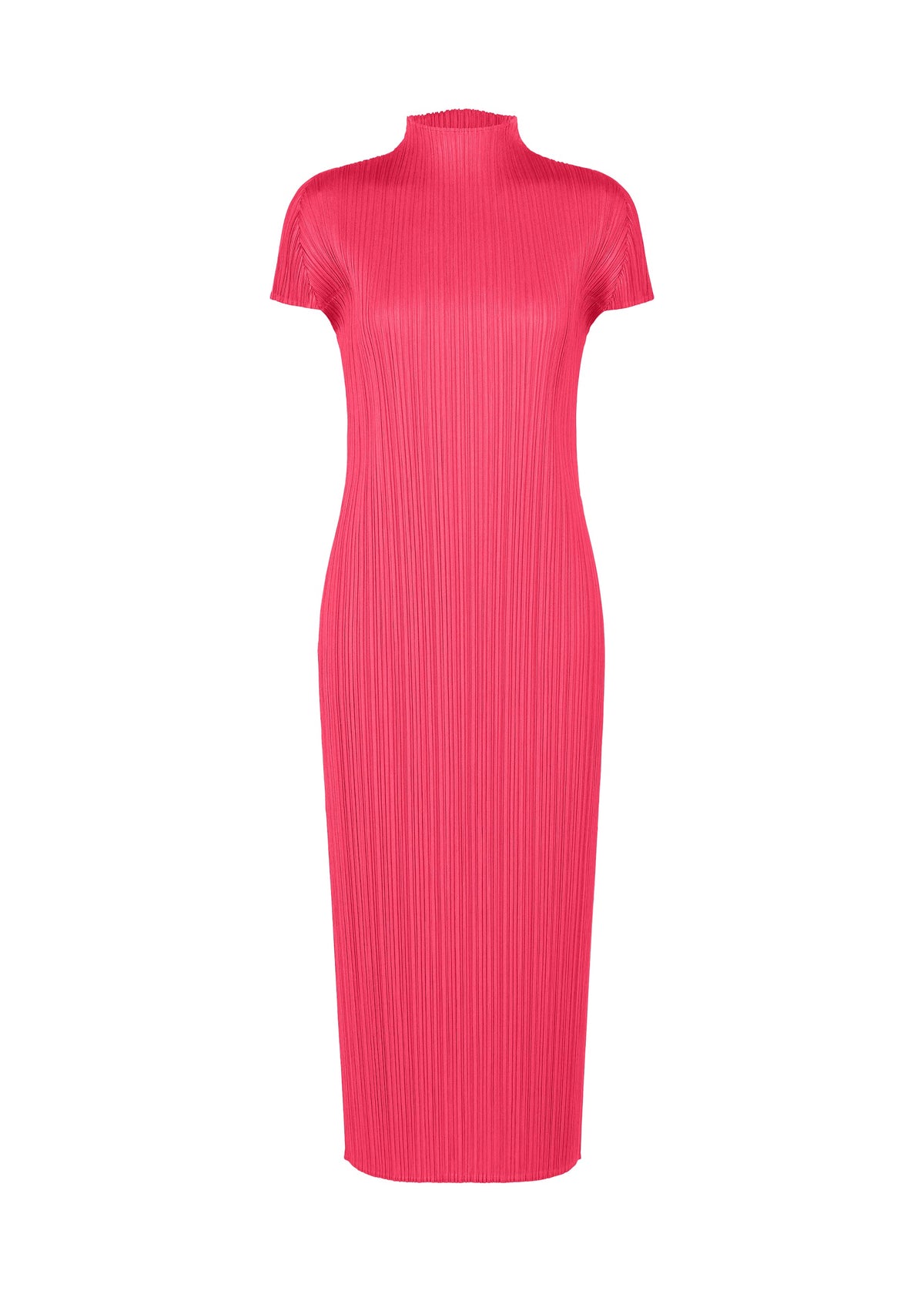 A product shot of the PLEATS PLEASE ISSEY MIYAKE MONTHLY COLORS : JUNE dress in bright pink.