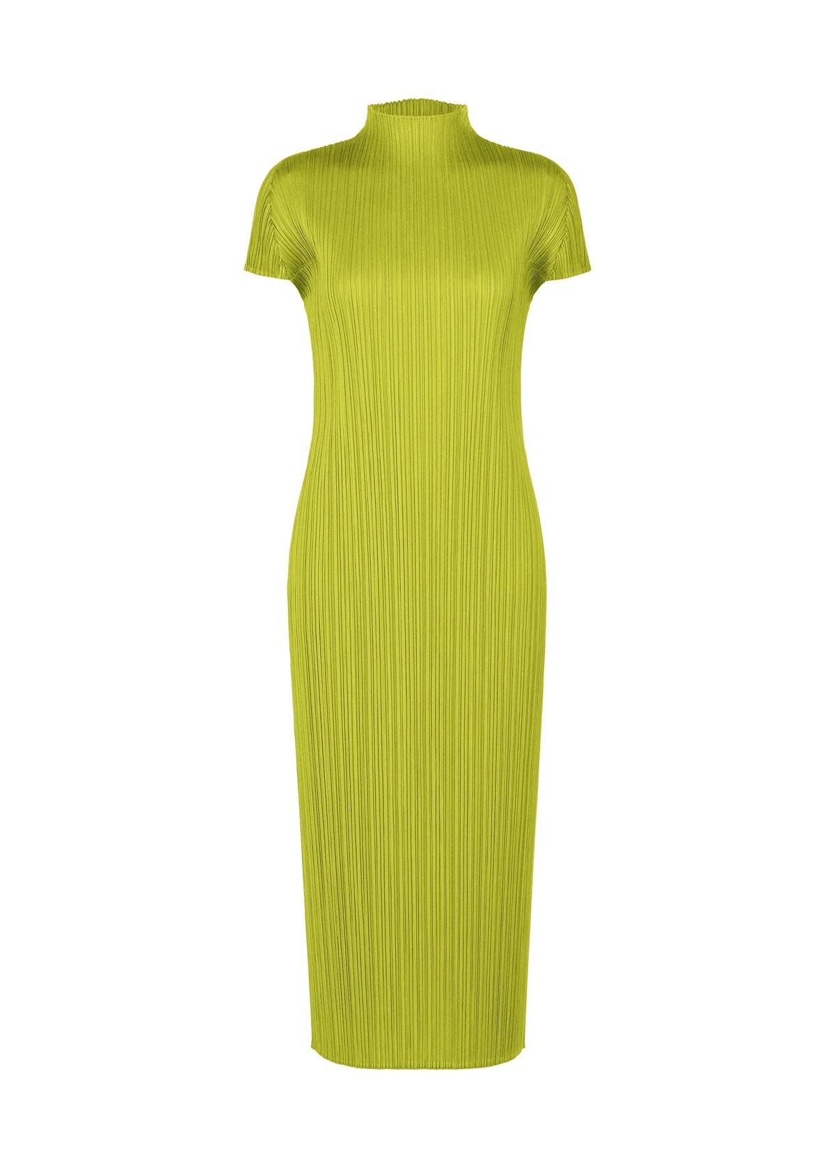 A product shot of the PLEATS PLEASE ISSEY MIYAKE MONTHLY COLORS : JUNE dress in yellow green.