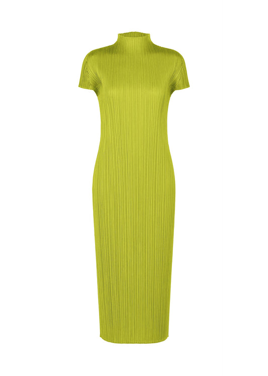 A product shot of the PLEATS PLEASE ISSEY MIYAKE MONTHLY COLORS : JUNE dress in yellow green.