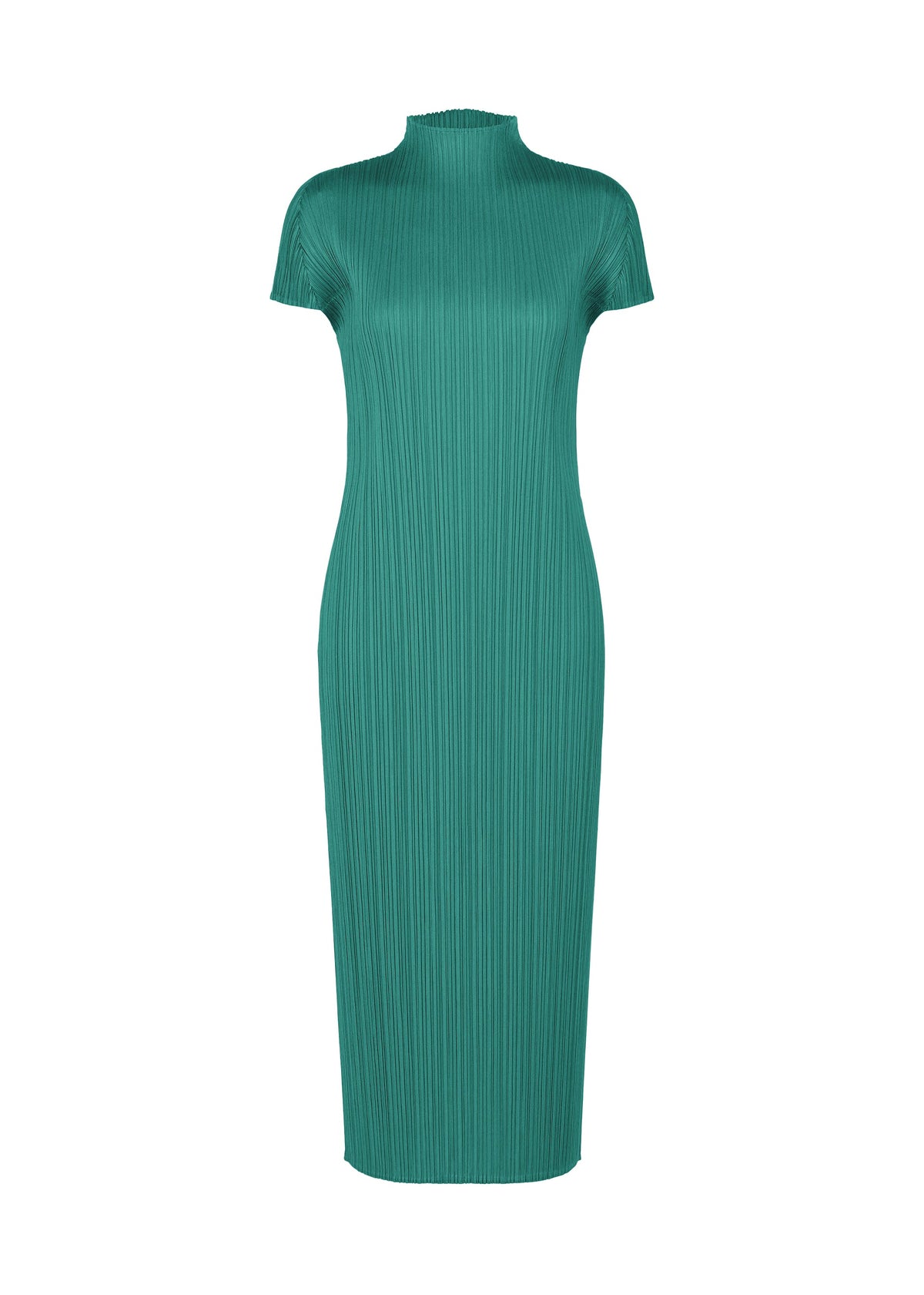 A product shot of the PLEATS PLEASE ISSEY MIYAKE MONTHLY COLORS : JUNE dress in blue green.