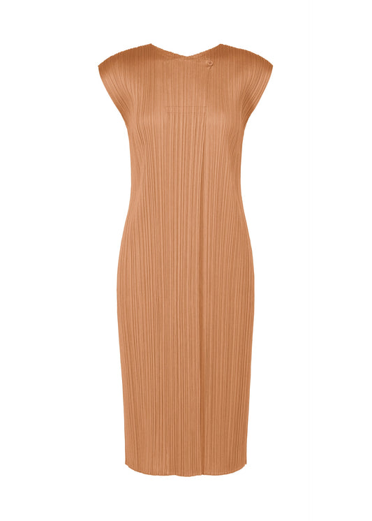A product shot of the PLEATS PLEASE ISSEY MIYAKE MONTHLY COLORS : JUNE dress in pink beige.