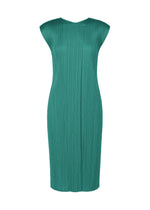 A product shot of the PLEATS PLEASE ISSEY MIYAKE MONTHLY COLORS : JUNE dress in blue green.