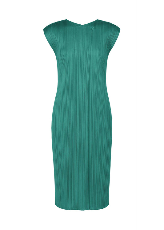 A product shot of the PLEATS PLEASE ISSEY MIYAKE MONTHLY COLORS : JUNE dress in blue green.