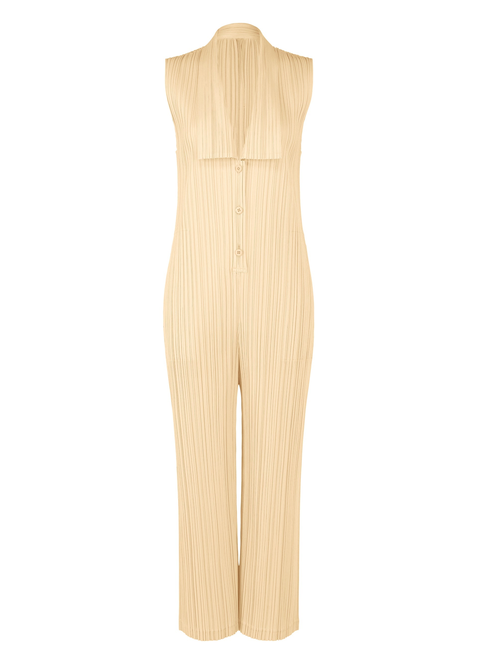 A product shot of the Pleats Please Issey Miyake LOOP BOTTOMS jumpsuit in light beige (39), recurring_style.