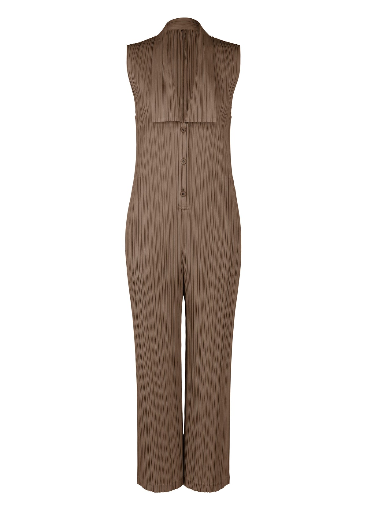A product shot of the Pleats Please Issey Miyake LOOP BOTTOMS jumpsuit in dark brown (45), recurring_style.