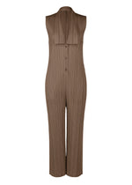A product shot of the Pleats Please Issey Miyake LOOP BOTTOMS jumpsuit in dark brown (45), recurring_style.