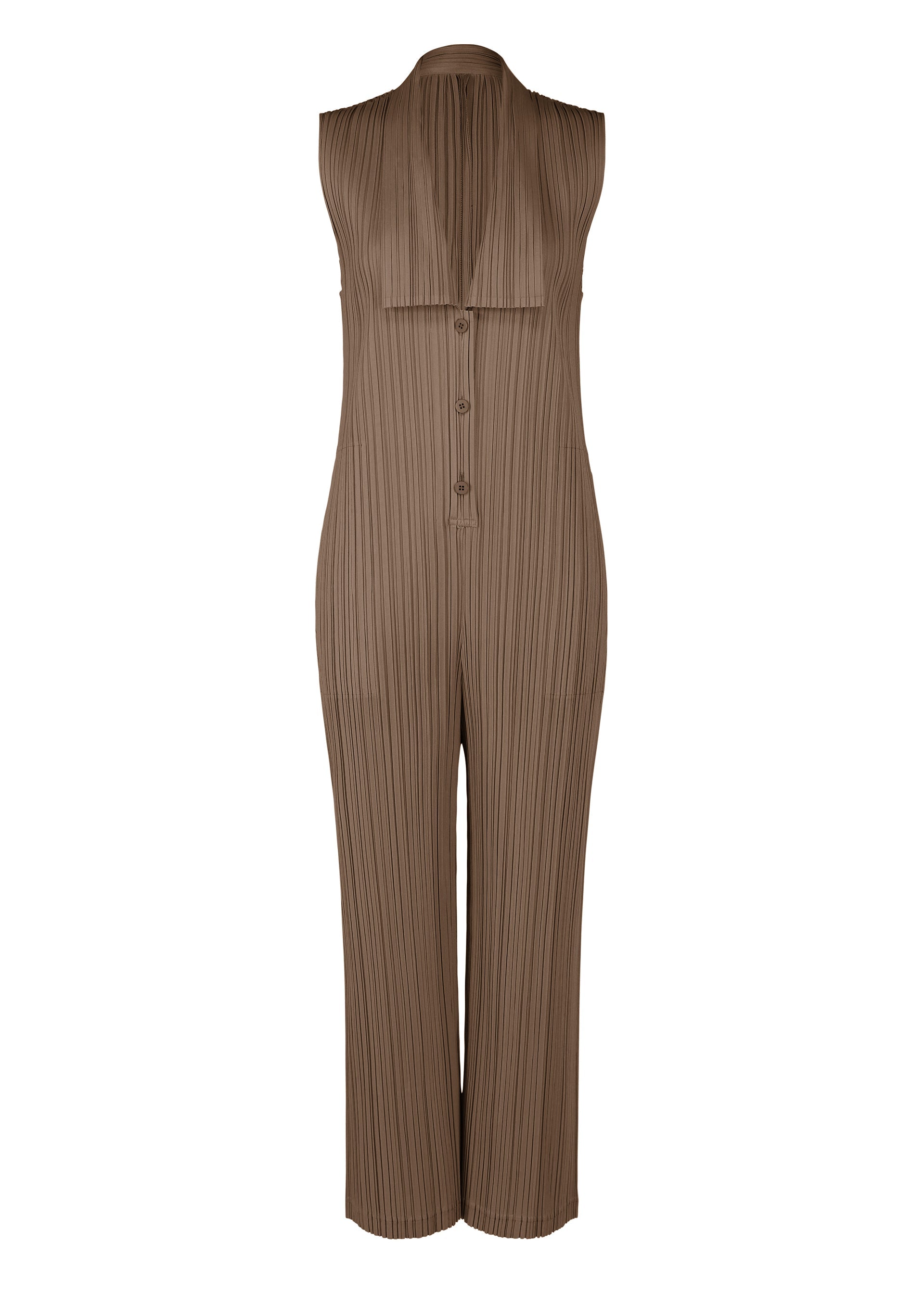 A product shot of the Pleats Please Issey Miyake LOOP BOTTOMS jumpsuit in dark brown (45), recurring_style.