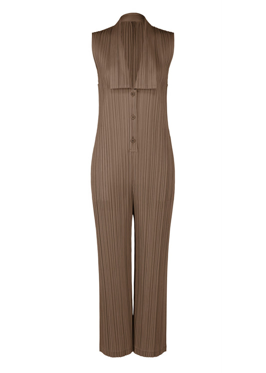 A product shot of the Pleats Please Issey Miyake LOOP BOTTOMS jumpsuit in dark brown (45), recurring_style.