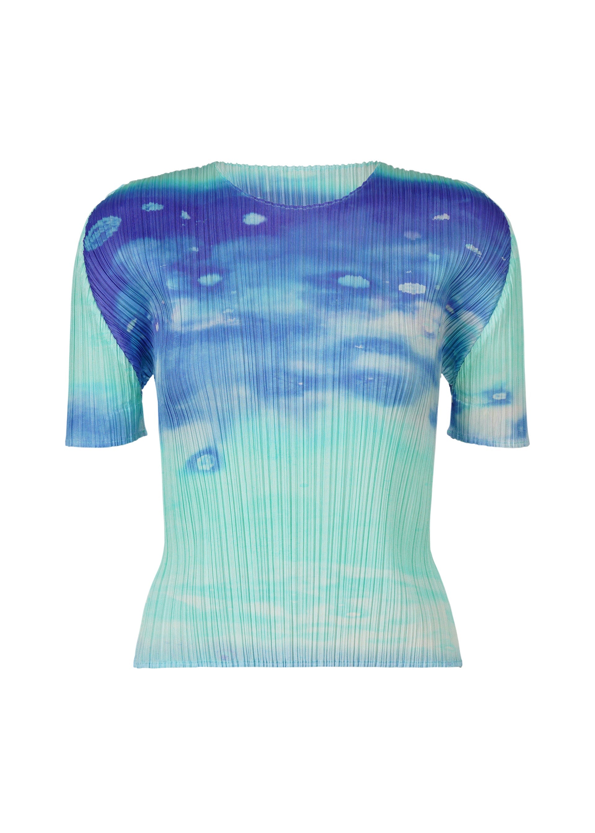 A product shot of the Pleats Please Issey Miyake SEA BUBBLE shirt in blue (72), recurring_style.