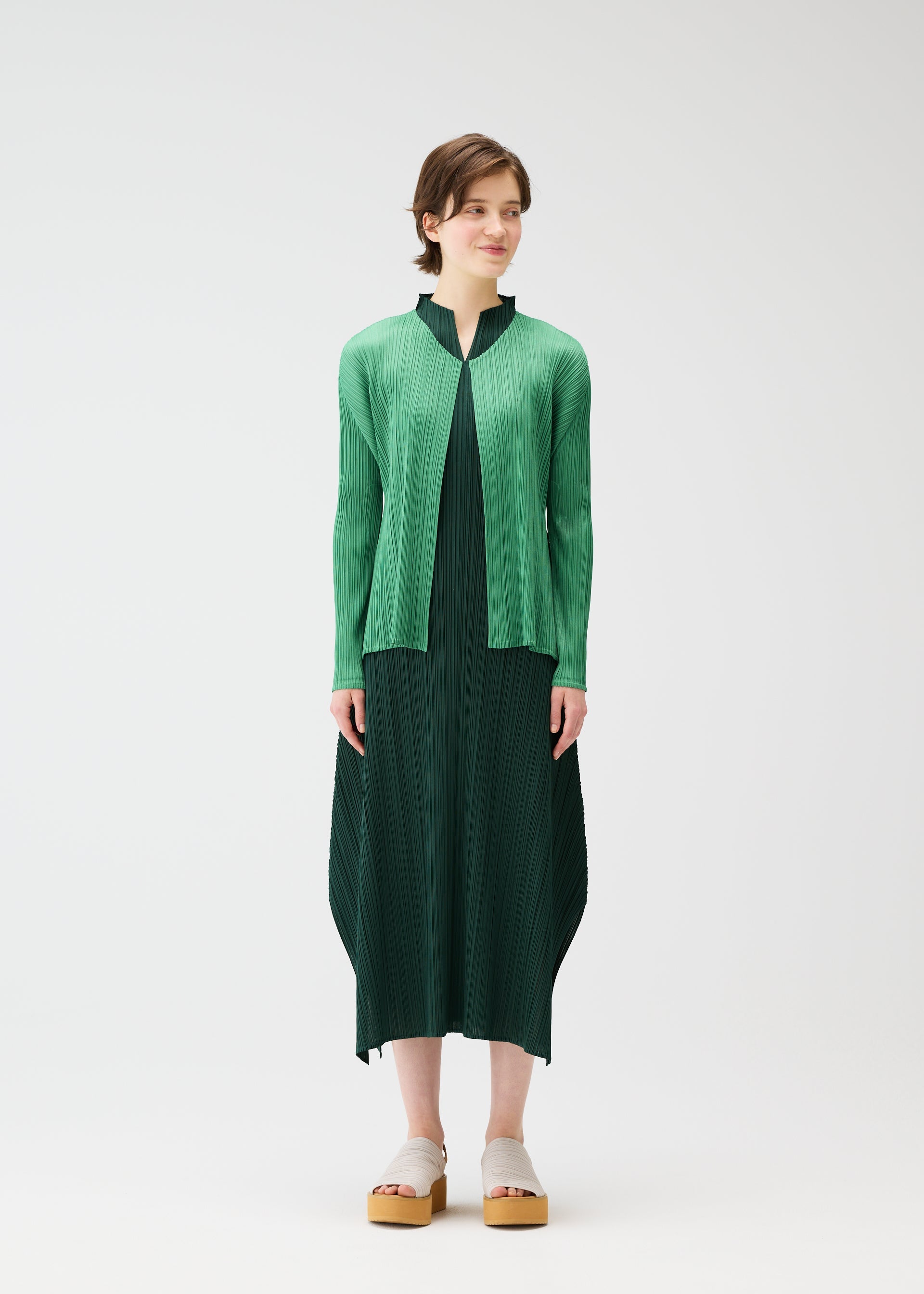 A model wears the Pleats Please Issey Miyake MONTHLY COLORS MARCH prêt à porter.