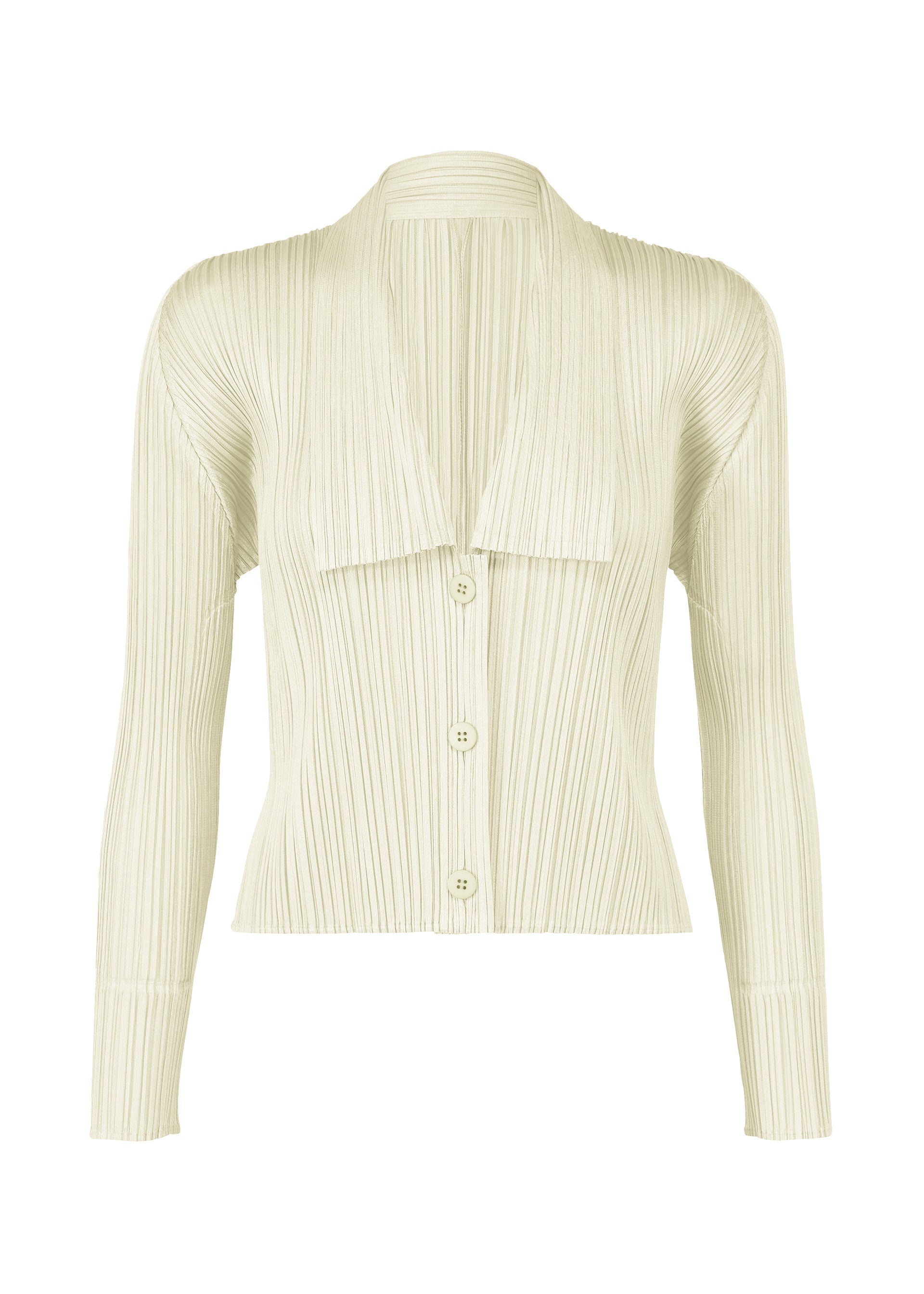 A product shot of the Pleats Please Issey Miyake MONTHLY COLORS MAY cardigan in ivory (03), recurring_style, restock.