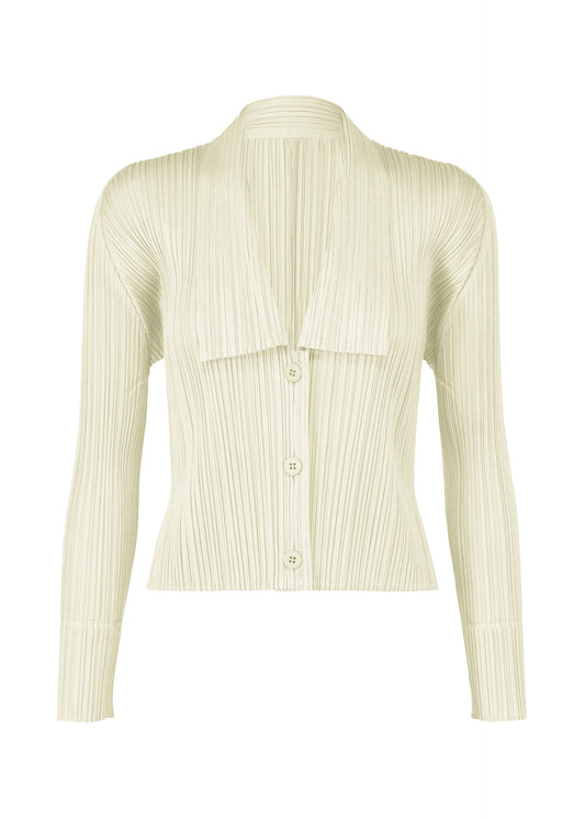 A product shot of the Pleats Please Issey Miyake MONTHLY COLORS MAY cardigan in ivory (03), recurring_style, restock.