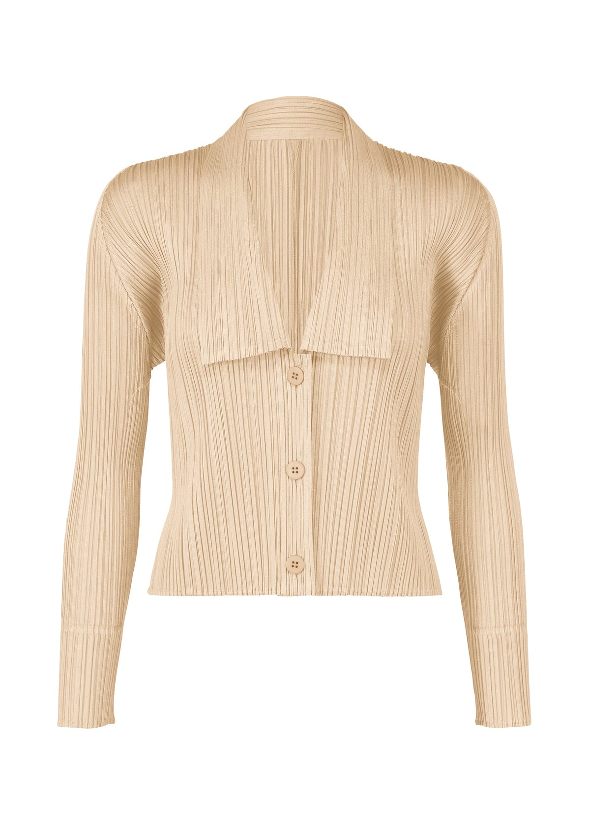 A product shot of the Pleats Please Issey Miyake MONTHLY COLORS MAY cardigan in sand beige (43), recurring_style.