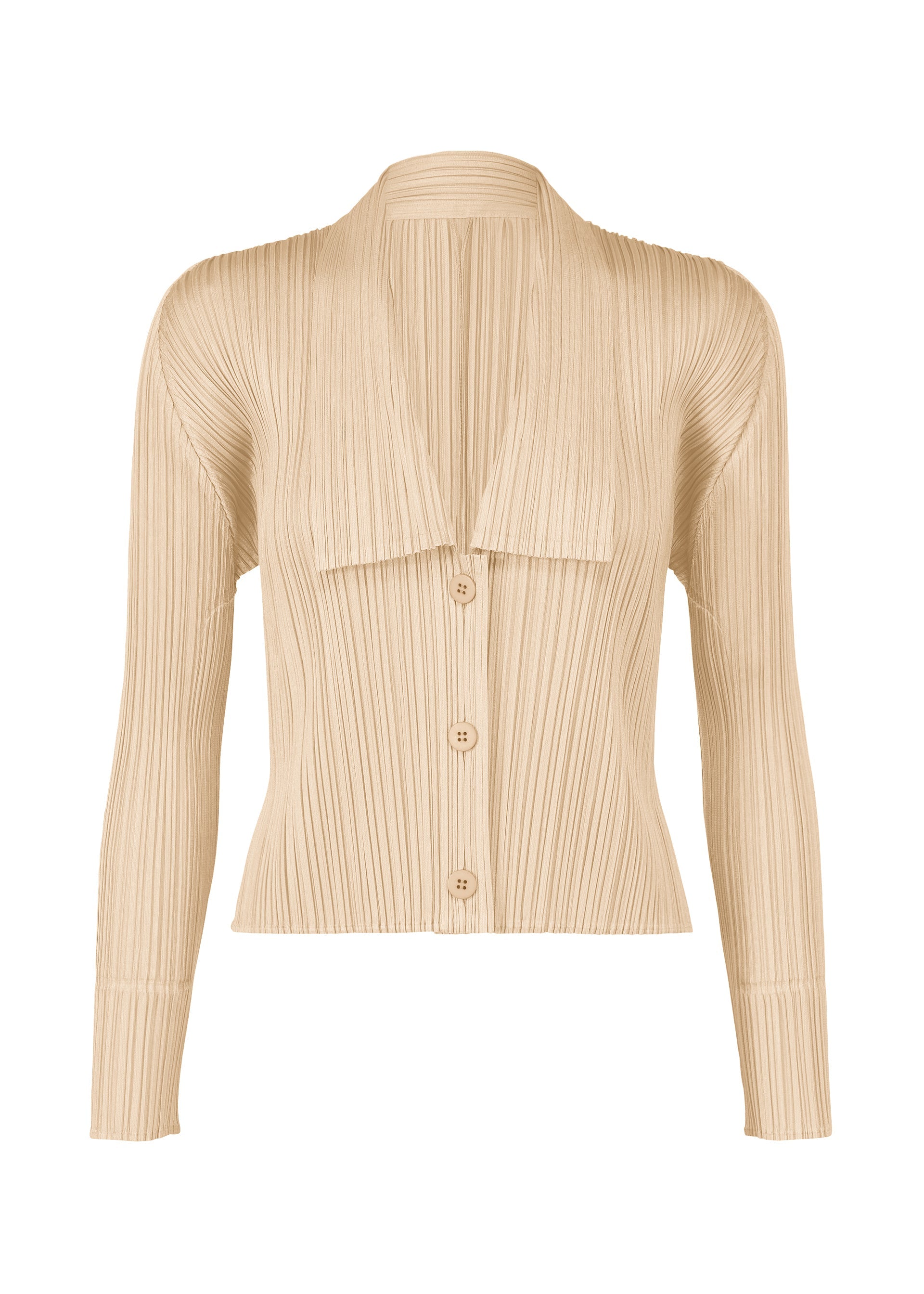 A product shot of the Pleats Please Issey Miyake MONTHLY COLORS MAY cardigan in sand beige (43), recurring_style.