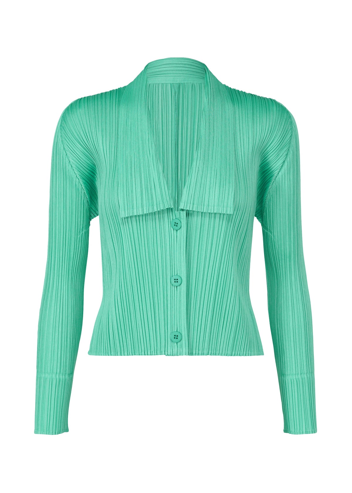 A product shot of the Pleats Please Issey Miyake MONTHLY COLORS MAY cardigan in turquoise green (66), recurring_style.