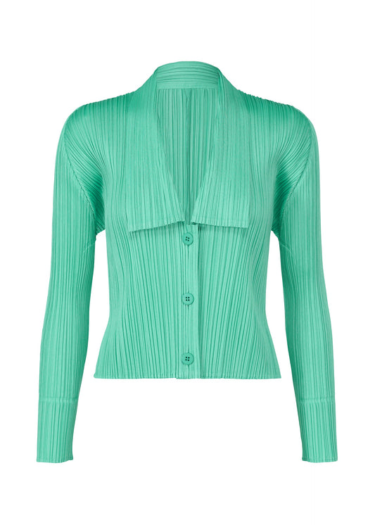 A product shot of the Pleats Please Issey Miyake MONTHLY COLORS MAY cardigan in turquoise green (66), recurring_style.