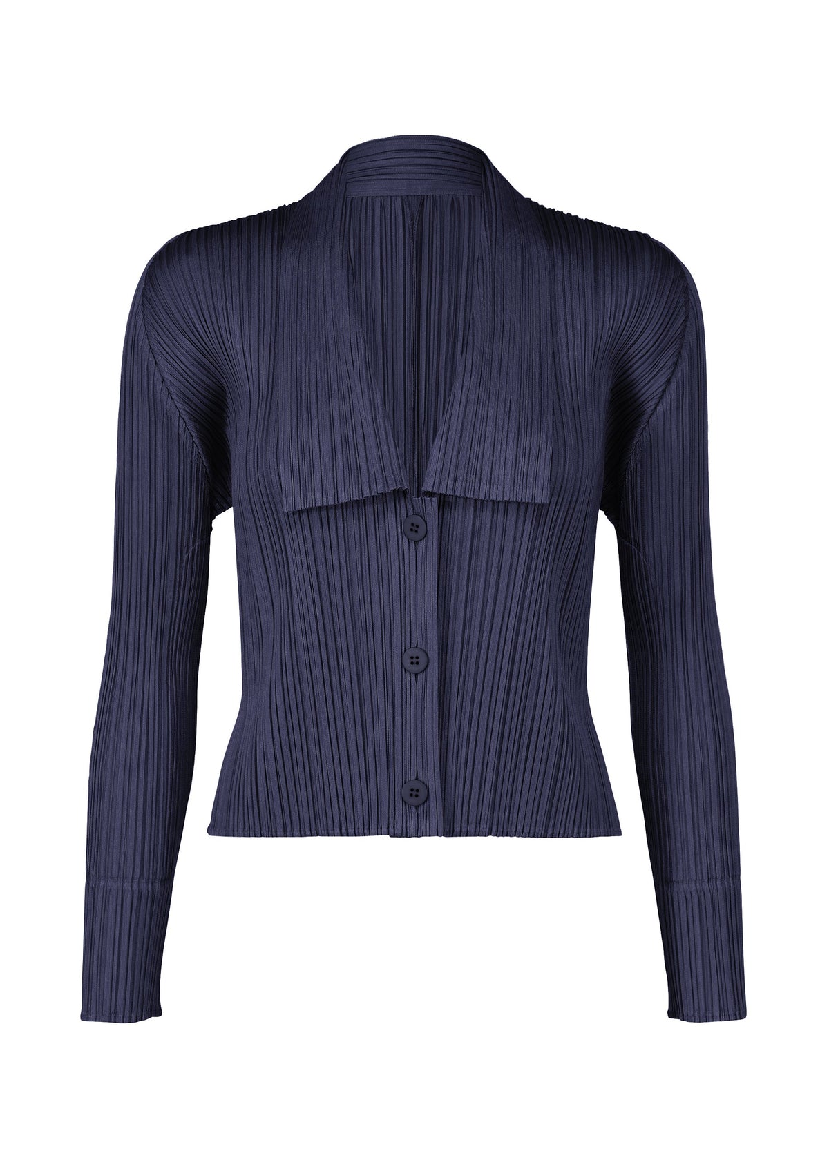 A product shot of the Pleats Please Issey Miyake MONTHLY COLORS MAY cardigan in navy (75), recurring_style.