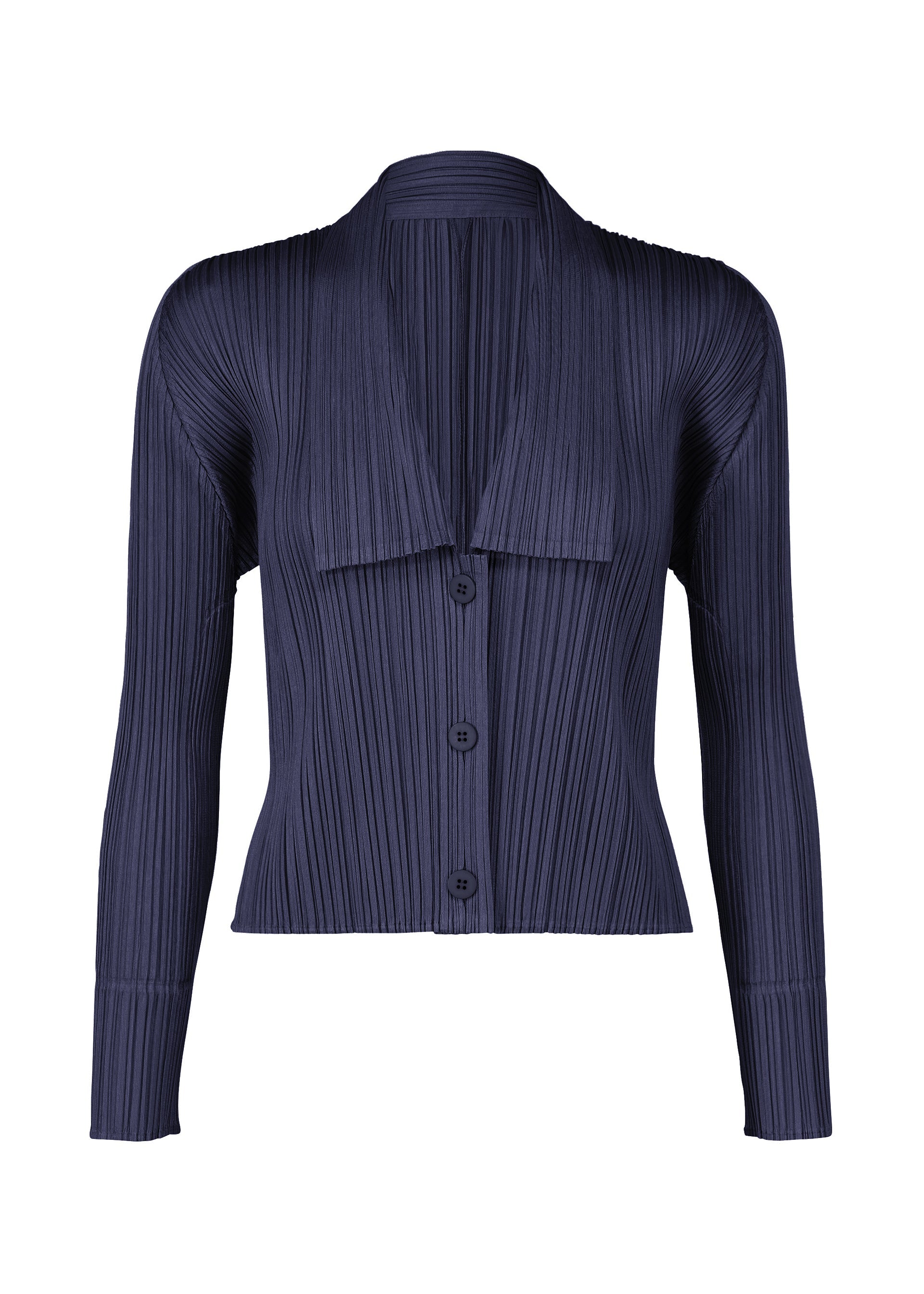 A product shot of the Pleats Please Issey Miyake MONTHLY COLORS MAY cardigan in navy (75), recurring_style.