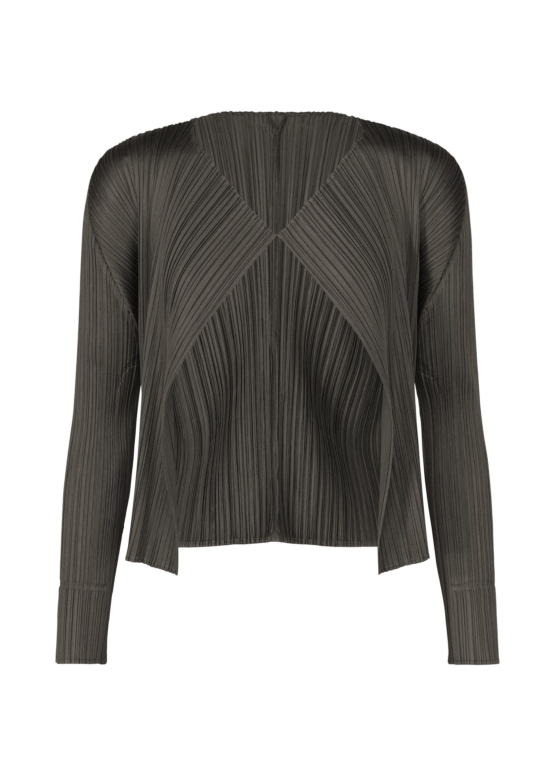 A product shot of the PLEATS PLEASE ISSEY MIYAKE MONTHLY COLORS : JUNE cardigan in charcoal.