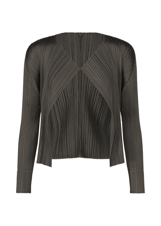 A product shot of the PLEATS PLEASE ISSEY MIYAKE MONTHLY COLORS : JUNE cardigan in charcoal.