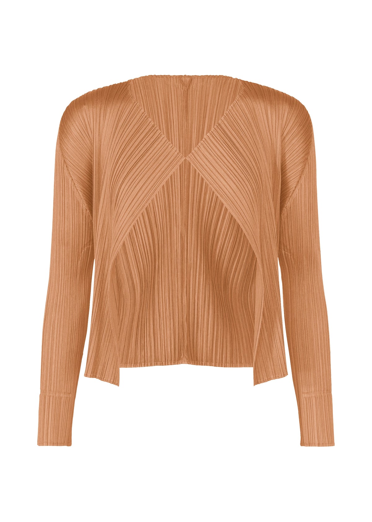 A product shot of the PLEATS PLEASE ISSEY MIYAKE MONTHLY COLORS : JUNE cardigan in pink beige.