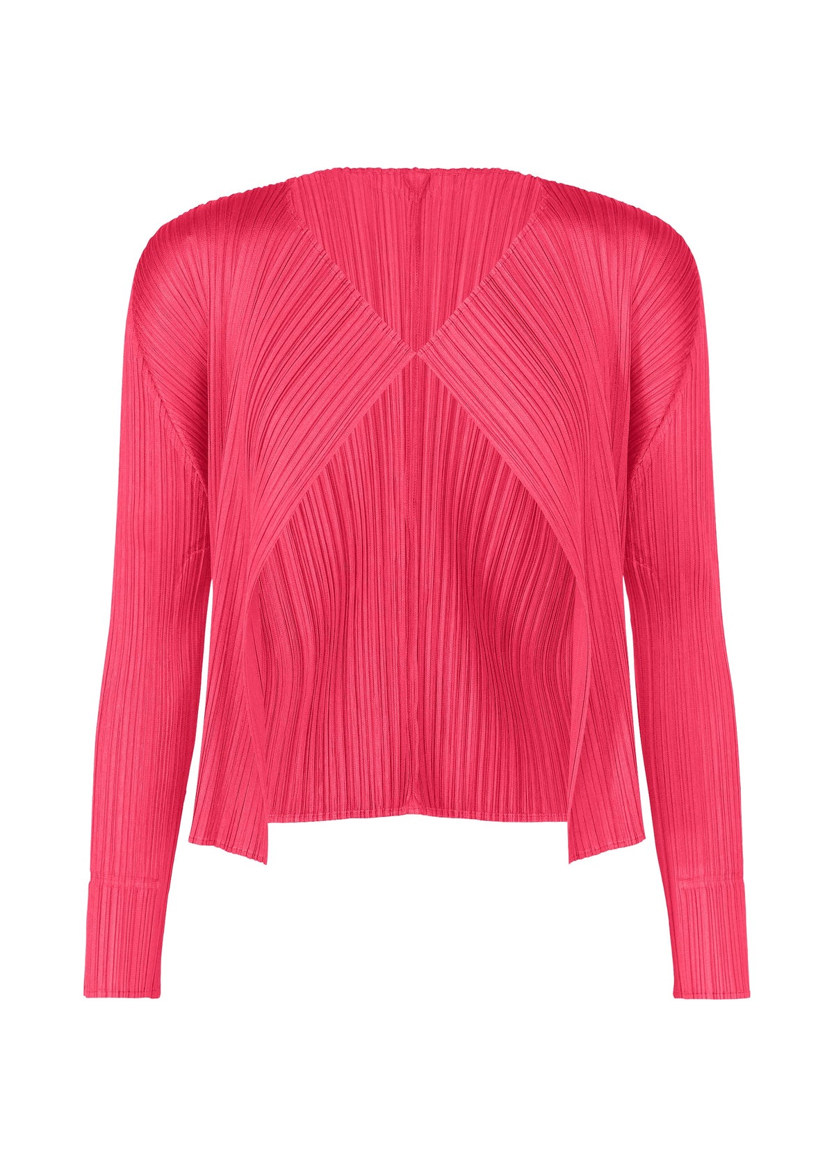 A product shot of the PLEATS PLEASE ISSEY MIYAKE MONTHLY COLORS : JUNE cardigan in bright pink.