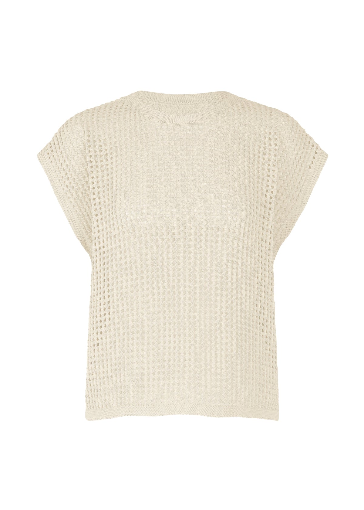 A product shot of the Pleats Please Issey Miyake FISHNET KNIT vest in ivory (03), recurring_style, restock.