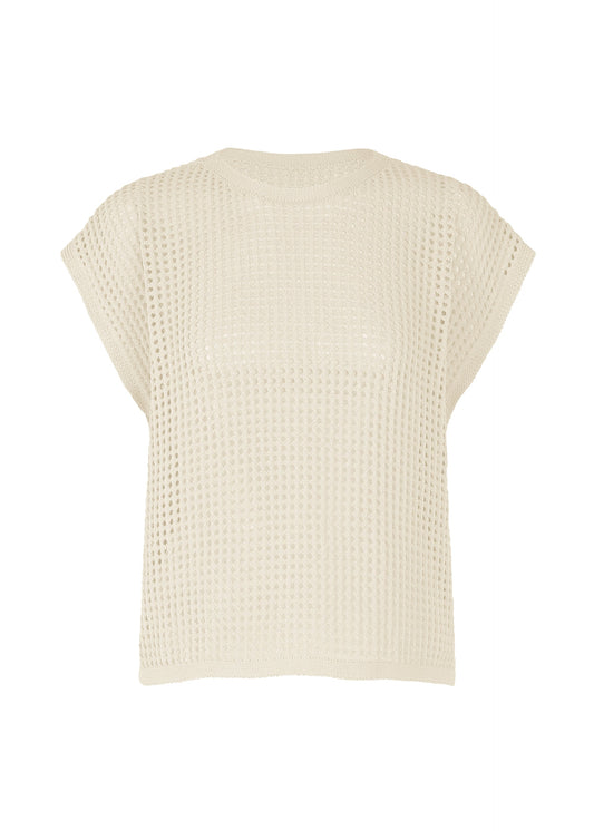 A product shot of the Pleats Please Issey Miyake FISHNET KNIT vest in ivory (03), recurring_style, restock.