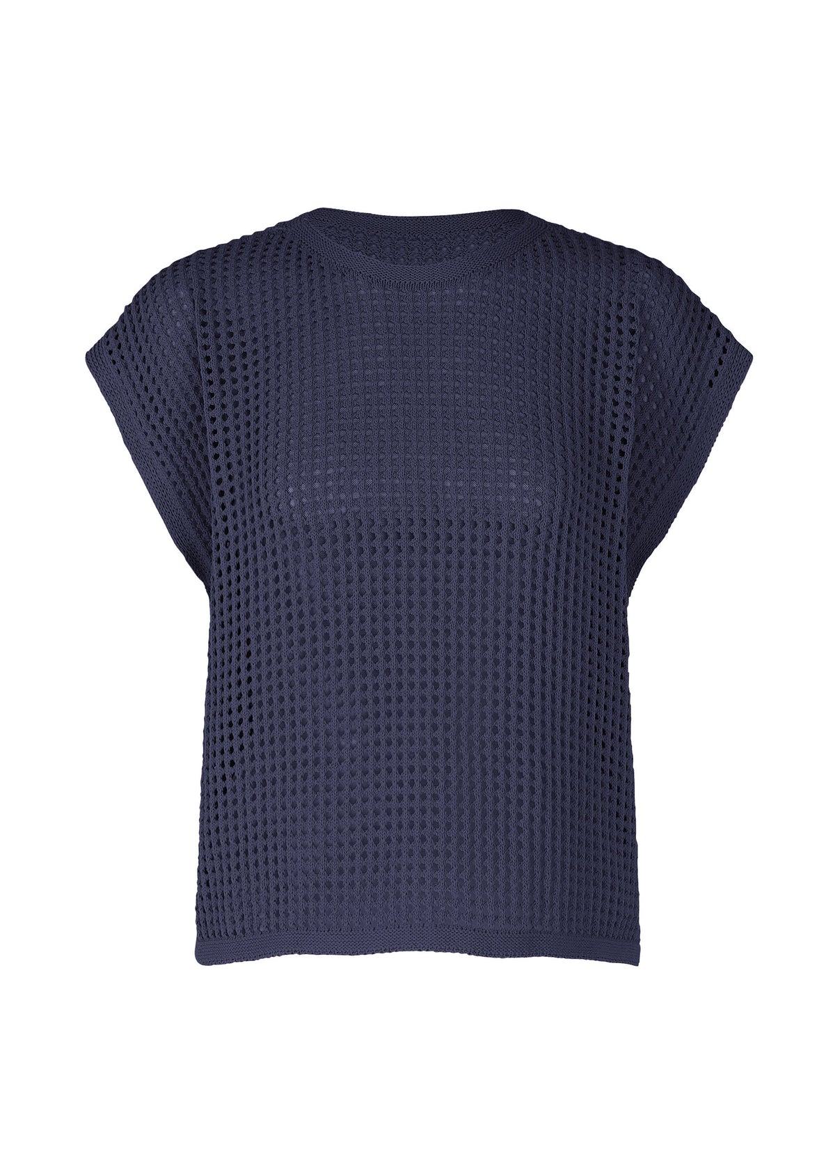 A product shot of the Pleats Please Issey Miyake FISHNET KNIT vest in navy (75), recurring_style, restock.