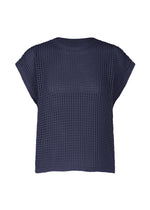 A product shot of the Pleats Please Issey Miyake FISHNET KNIT vest in navy (75), recurring_style, restock.