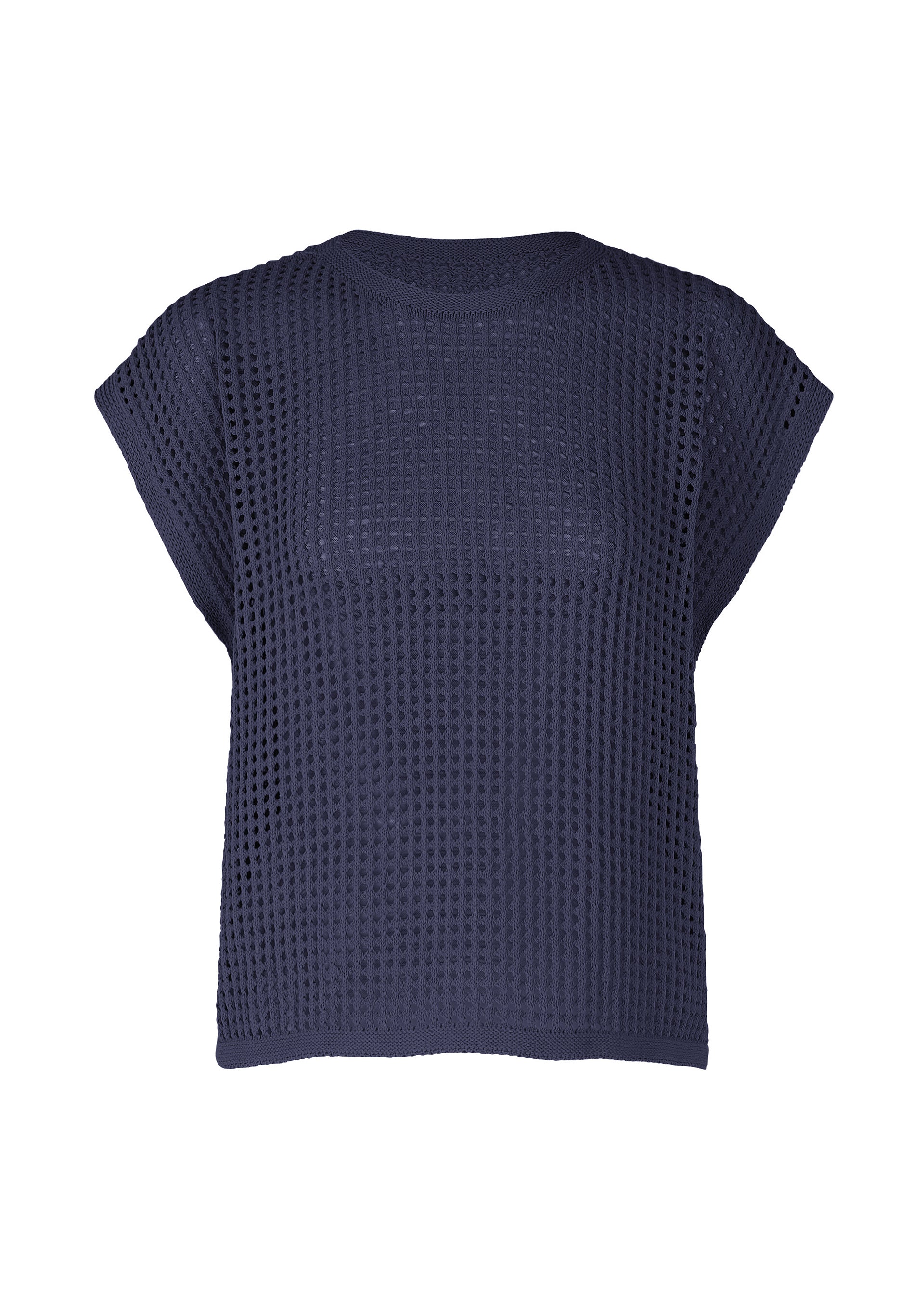 A product shot of the Pleats Please Issey Miyake FISHNET KNIT vest in navy (75), recurring_style, restock.