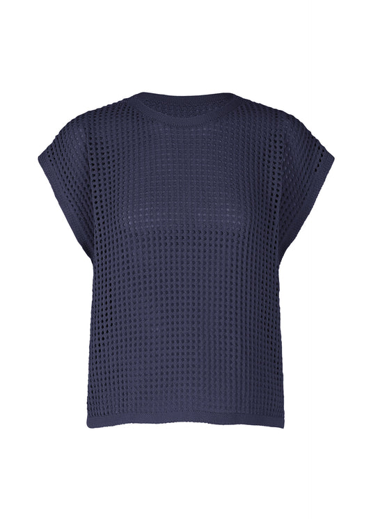 A product shot of the Pleats Please Issey Miyake FISHNET KNIT vest in navy (75), recurring_style, restock.