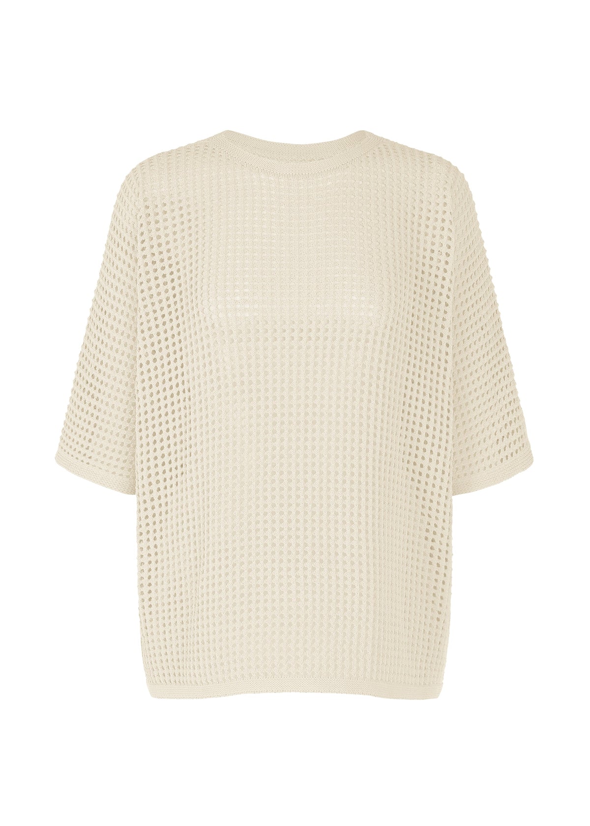 A product shot of the Pleats Please Issey Miyake FISHNET KNIT shirt in ivory (03), recurring_style.