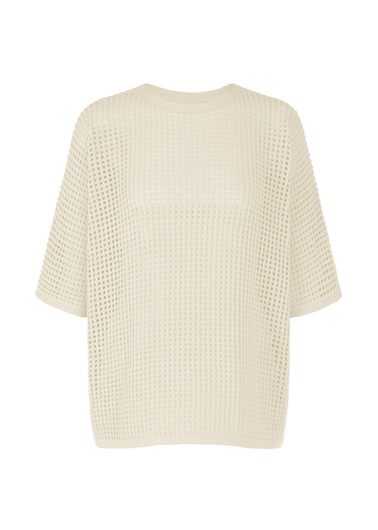 A product shot of the Pleats Please Issey Miyake FISHNET KNIT shirt in ivory (03), recurring_style.