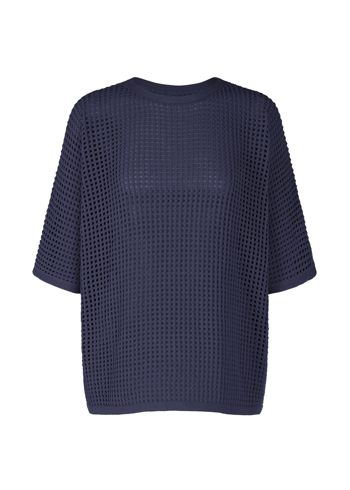 A product shot of the Pleats Please Issey Miyake FISHNET KNIT shirt in navy (75), recurring_style.