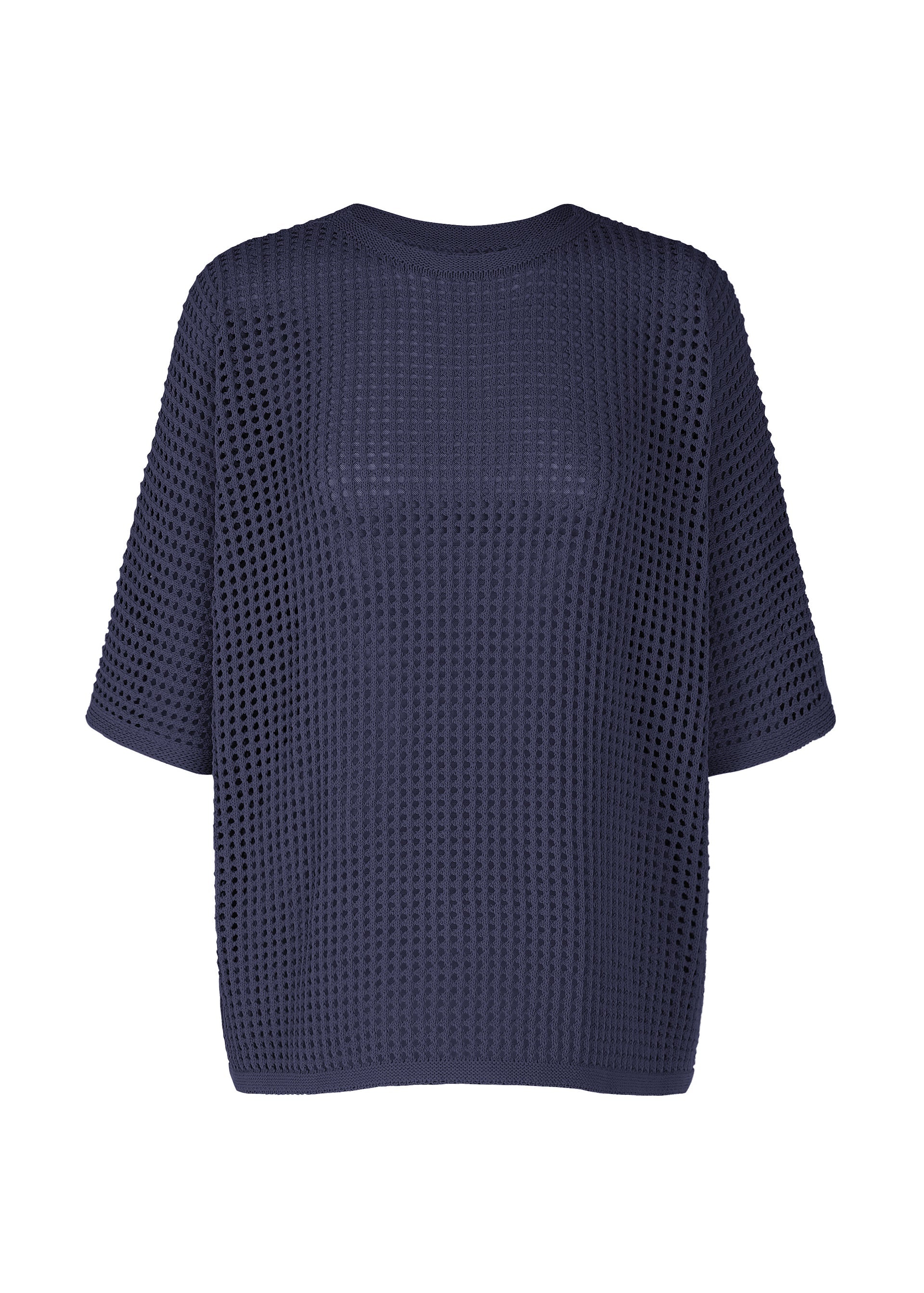 A product shot of the Pleats Please Issey Miyake FISHNET KNIT shirt in navy (75), recurring_style.