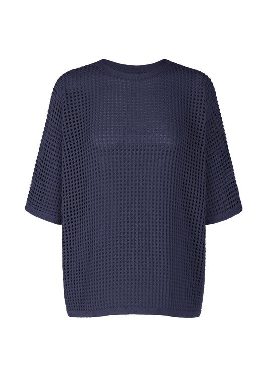 A product shot of the Pleats Please Issey Miyake FISHNET KNIT shirt in navy (75), recurring_style.