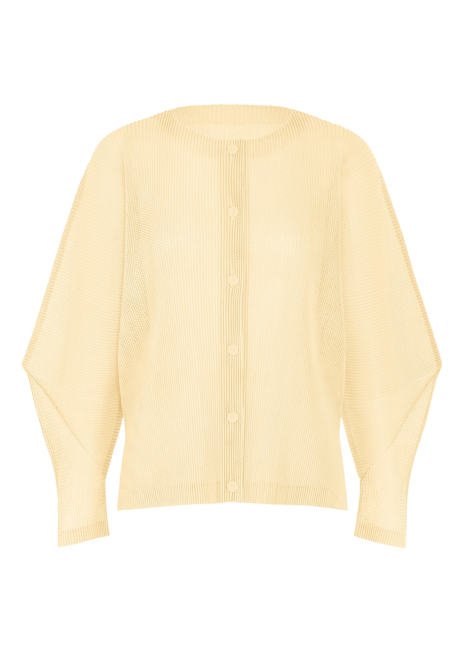 A product shot of the PLEATS PLEASE ISSEY MIYAKE TATAMI AUGUST cardigan in off white.