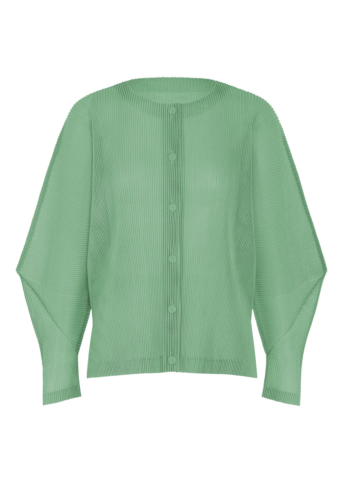 A product shot of the PLEATS PLEASE ISSEY MIYAKE TATAMI AUGUST cardigan in grayish green.