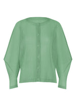 A product shot of the PLEATS PLEASE ISSEY MIYAKE TATAMI AUGUST cardigan in grayish green.