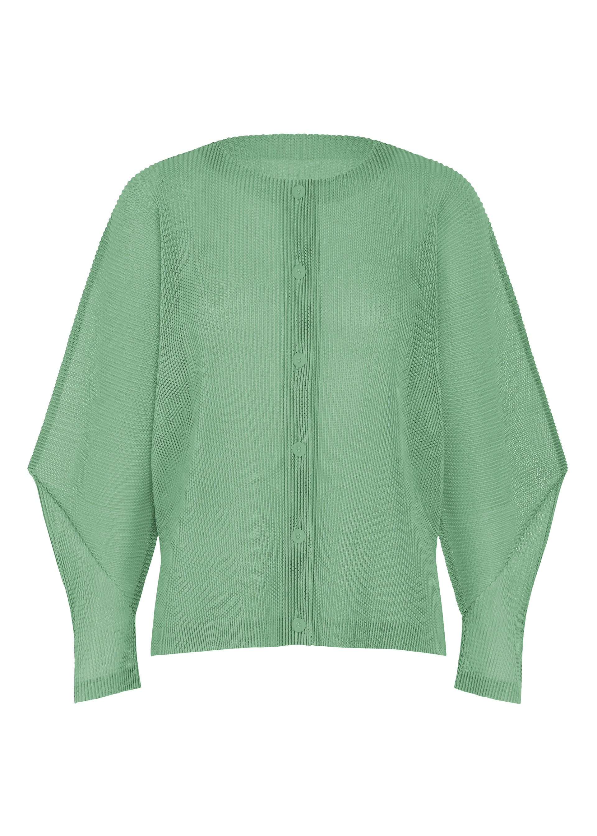 A product shot of the PLEATS PLEASE ISSEY MIYAKE TATAMI AUGUST cardigan in grayish green.